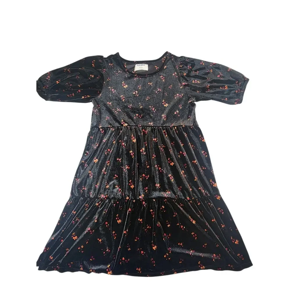 Old Navy Girls XL 14-16 Black Velvet Floral Dress Puff Sleeve Tiered‎